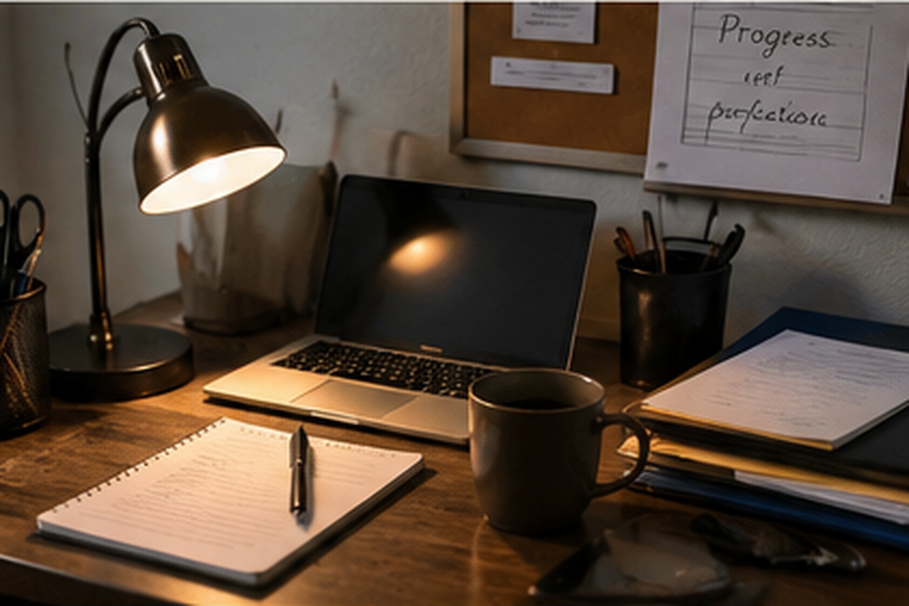 A case manager's desk with a laptop, notebook, and folders under a warm lamp.